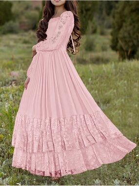 Girls' Pink Lace Tiered Maxi Dress with Long Lace Sleeves size 10 & 12